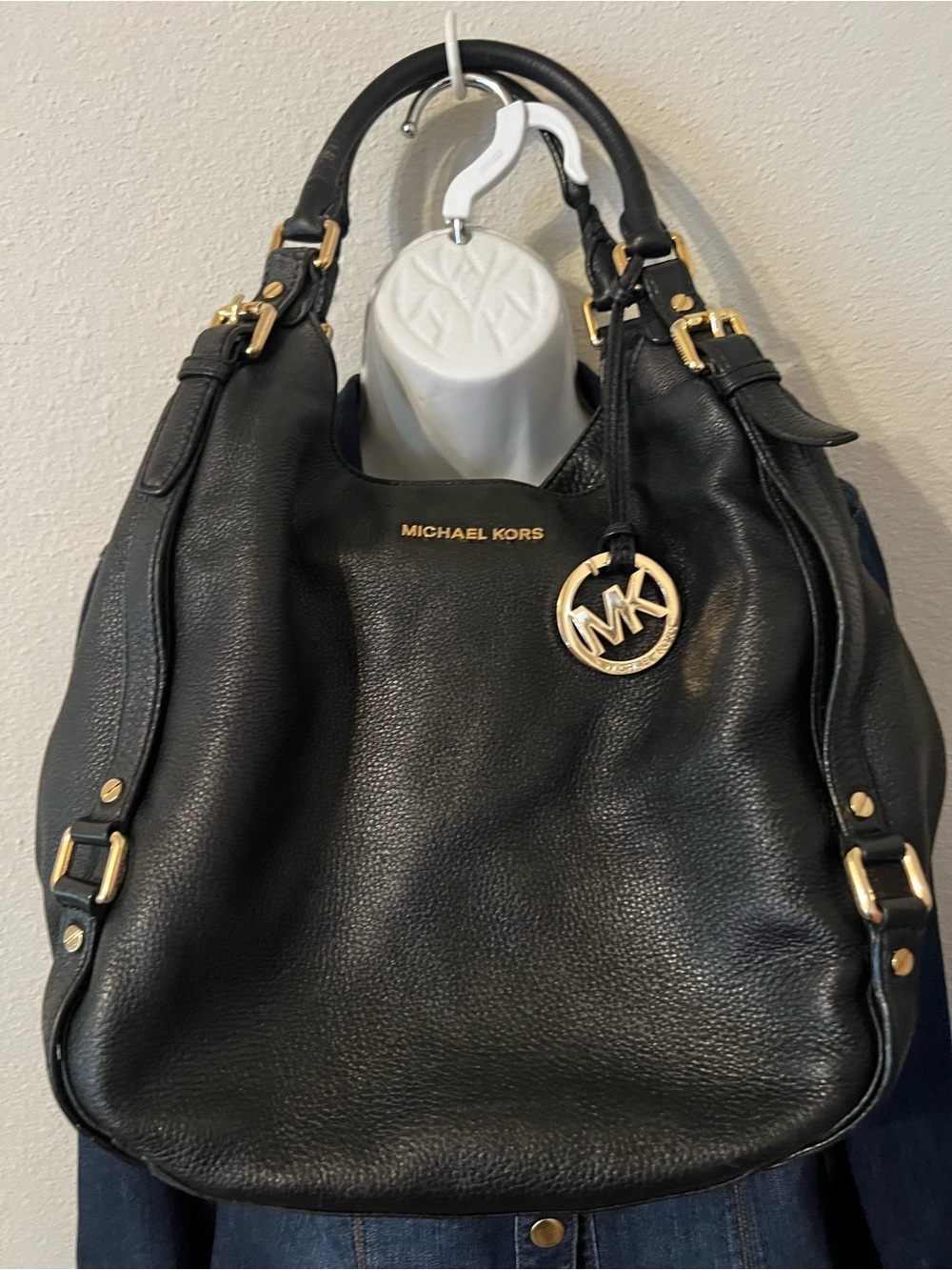 Michael Kors Black Leather Shoulder Bag with Gold Hardware